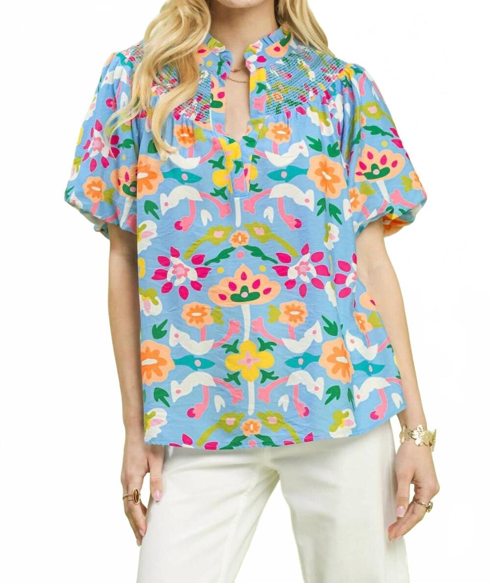 NEW UMGEE carolina folk art print top in blue multi